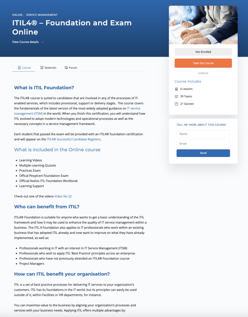 Althris ITIL4 Course webpage, suited for IT-enabled services
